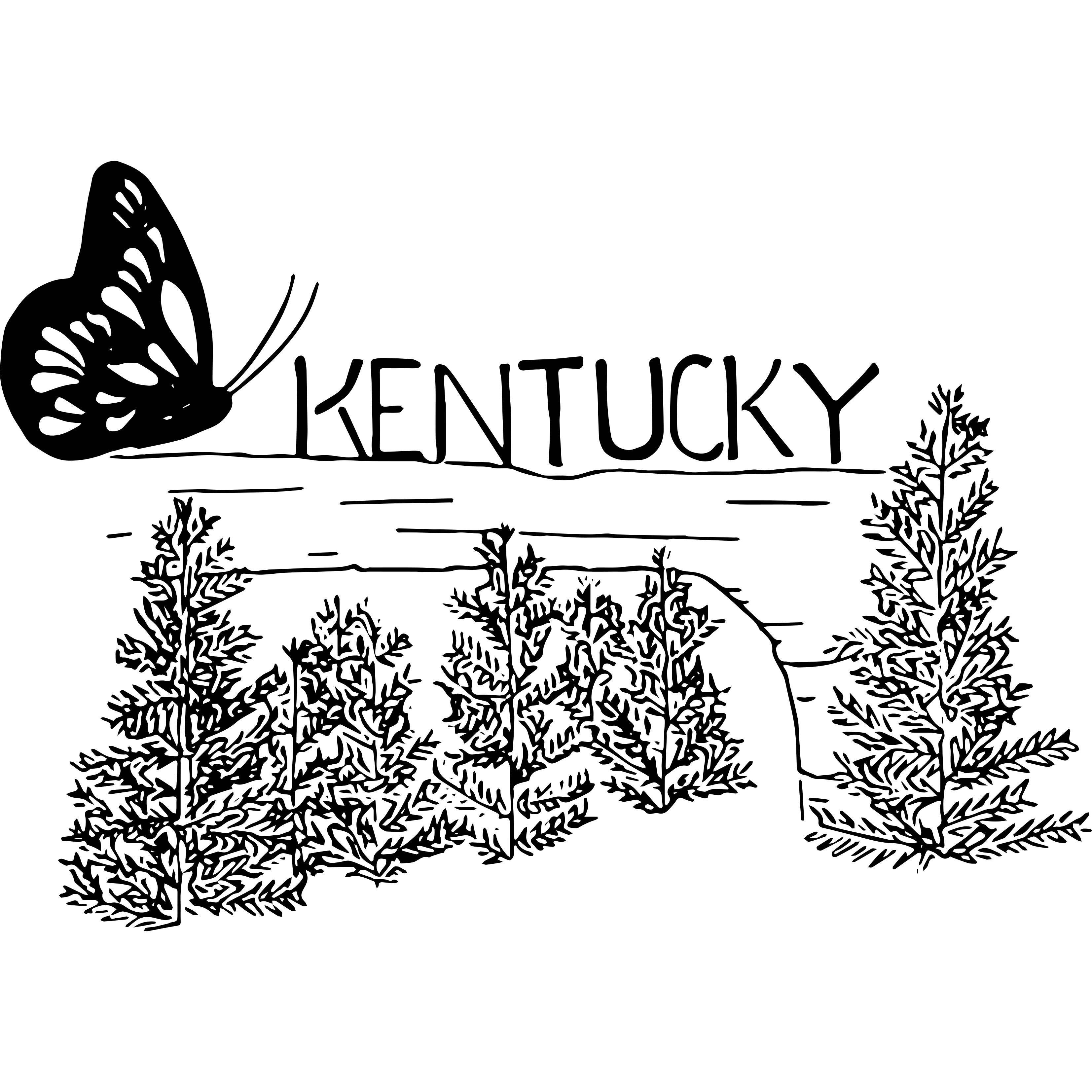 Kentucky words over a river and pines with a butterfly.
