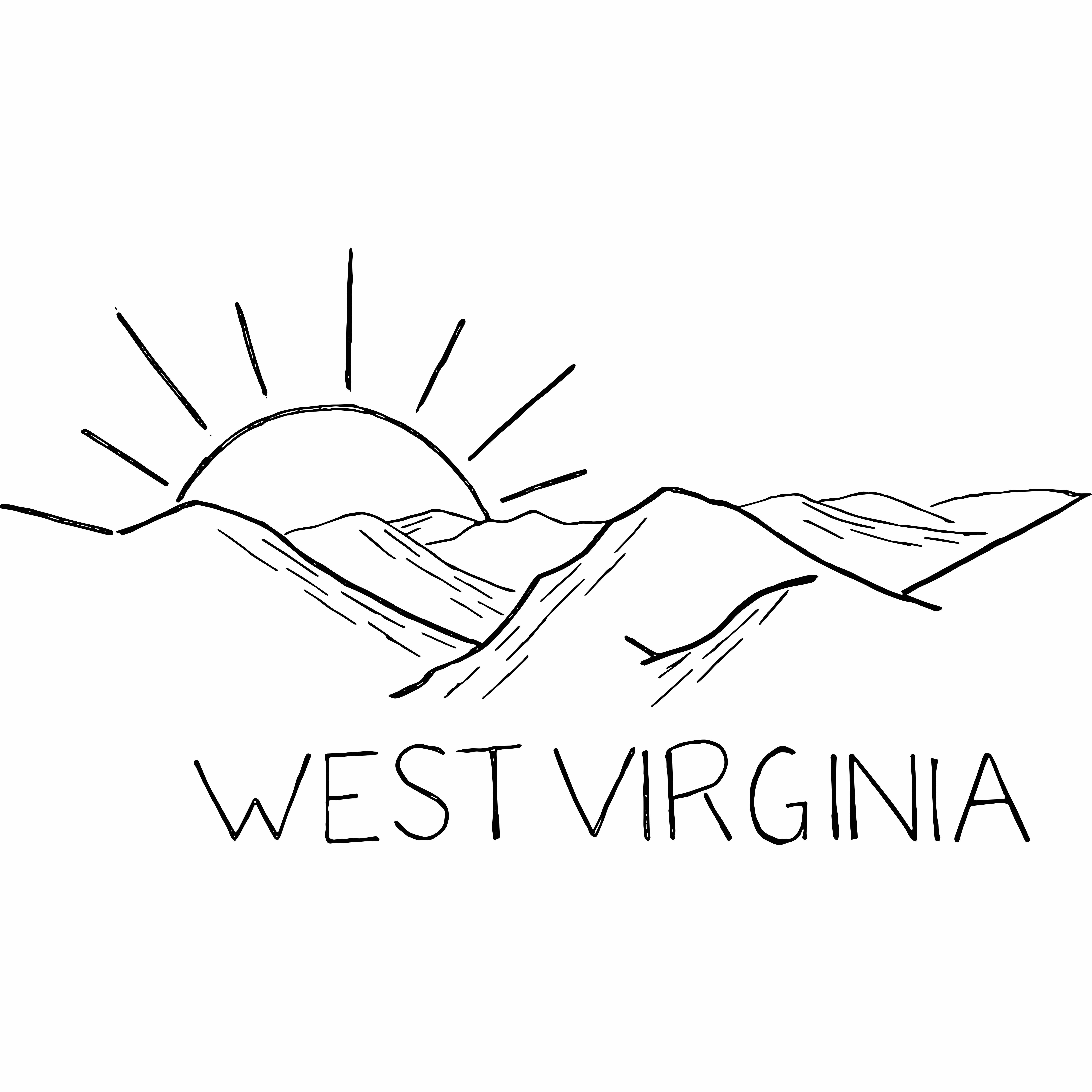 West Virginia Text below mountains and a sunrise.
