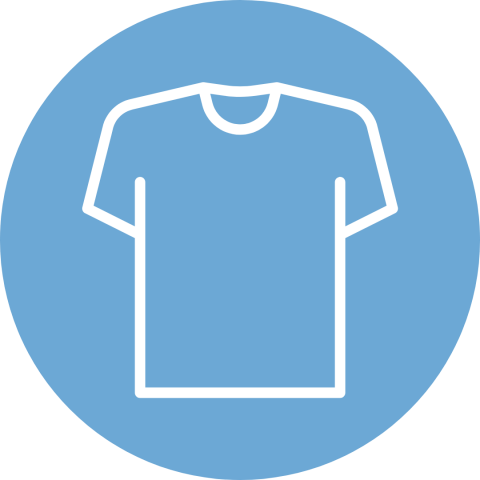 An icon of a t-shirt in a columbia blue circle. 
