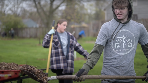 Video still from the Diocese of Lansing video on the Work A Thon